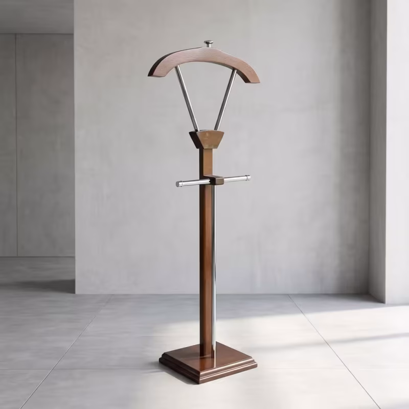 Executive Wooden Coat Hanger featuring a rich mahogany solid wood frame, wide contoured shoulders, a non-slip pants bar, and a polished chrome swivel hook.