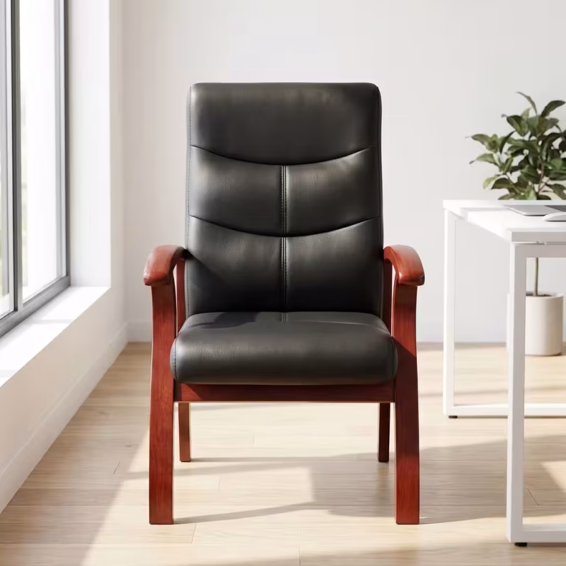 Black Leather Office Guest Chair featuring a low-back rest with horizontal linear stitching, matching black padded armrest covers, and a polished chrome sled base frame.
