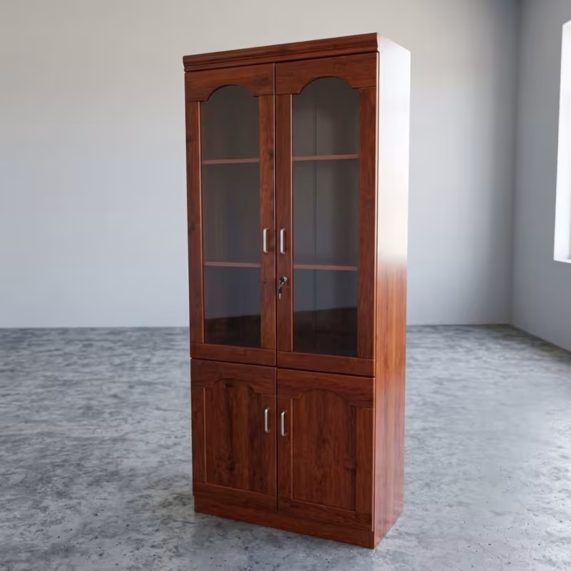 Mahogany Wooden Office Filing Cabinet featuring a matte black outer frame, three vertical mahogany wood grain doors, sleek handles, and individual top key locks.