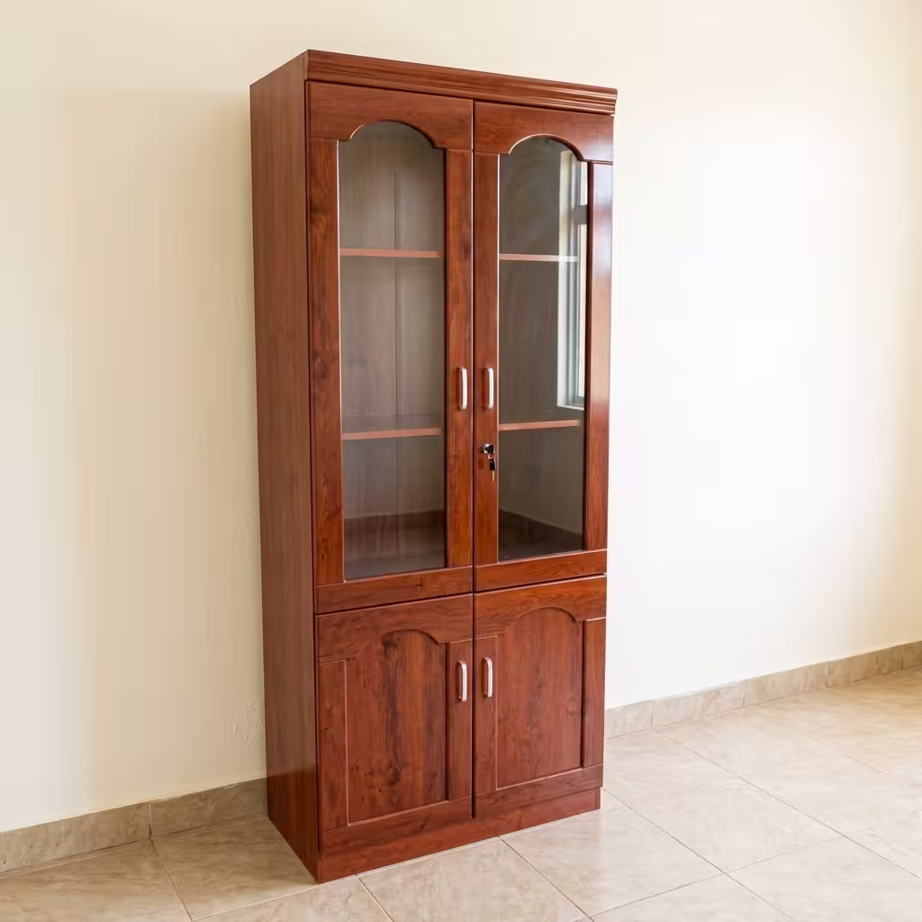 Mahogany Wooden Office Filing Cabinet featuring a matte black outer frame, three vertical mahogany wood grain doors, sleek handles, and individual top key locks.