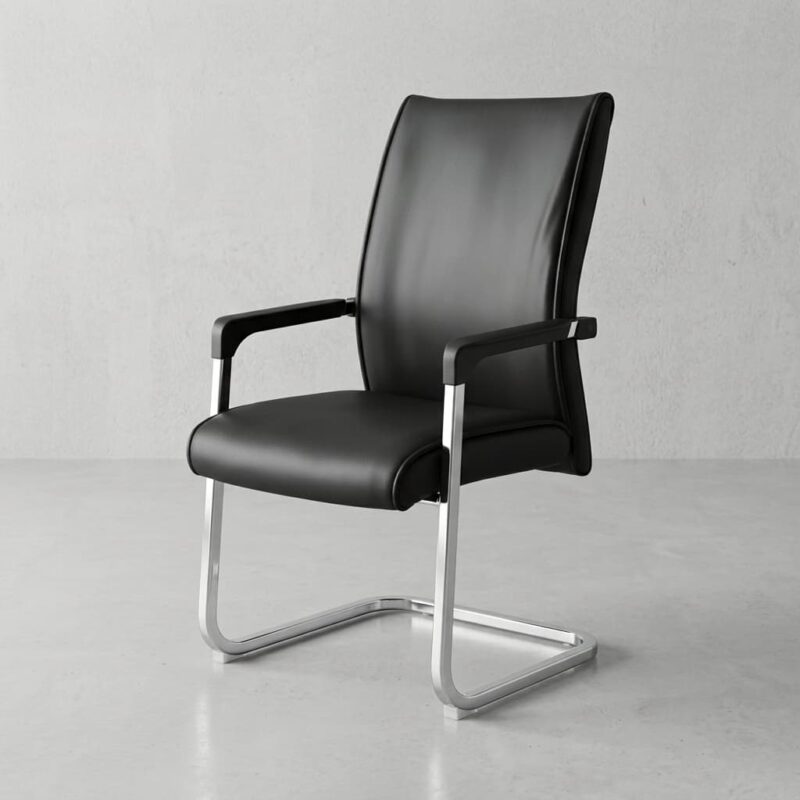 Chrome Base Leather Visitor Chair featuring a black leather low-back rest with horizontal linear stitching, matching padded armrests, and a polished chrome sled base.