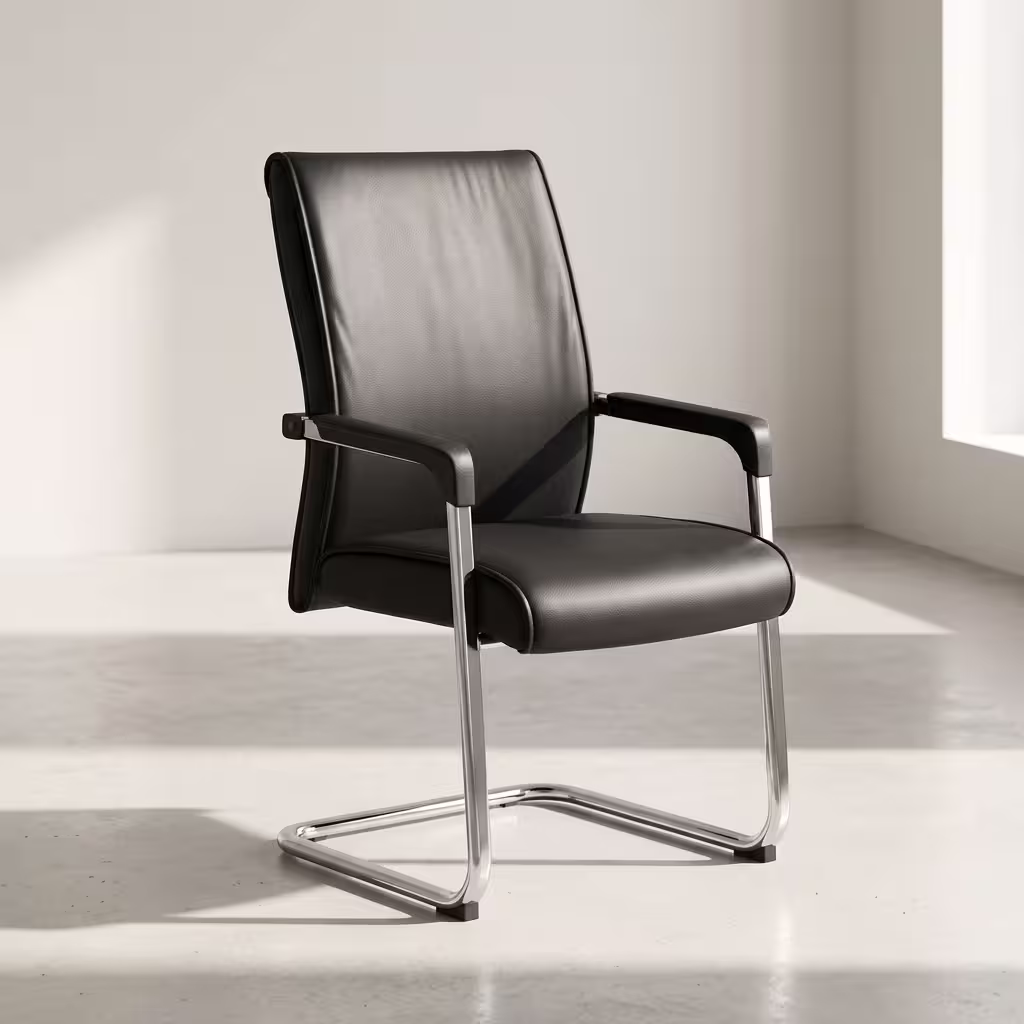 Chrome Base Leather Visitor Chair featuring a black leather low-back rest with horizontal linear stitching, matching padded armrests, and a polished chrome sled base.