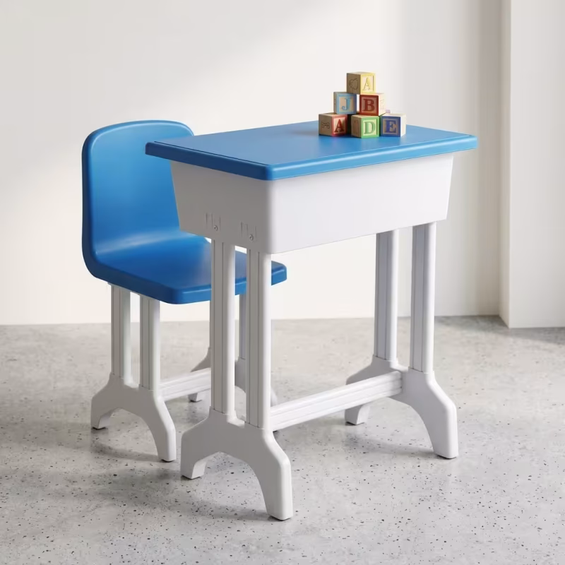 Blue Kids Study Desk Set featuring a height-adjustable white steel frame with blue accents, a wood grain tabletop with a built-in storage cubby, and a matching blue plastic chair.