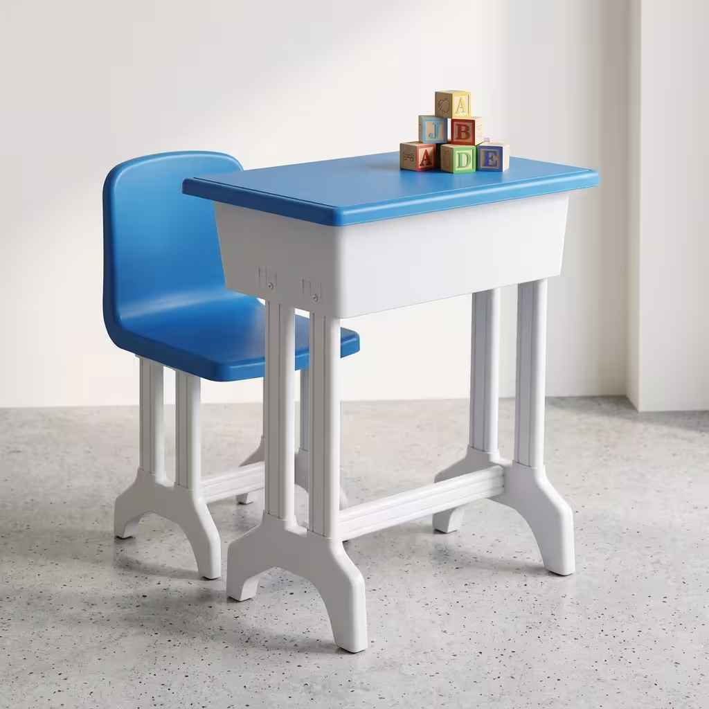 Blue Kids Study Desk Set featuring a height-adjustable white steel frame with blue accents, a wood grain tabletop with a built-in storage cubby, and a matching blue plastic chair.