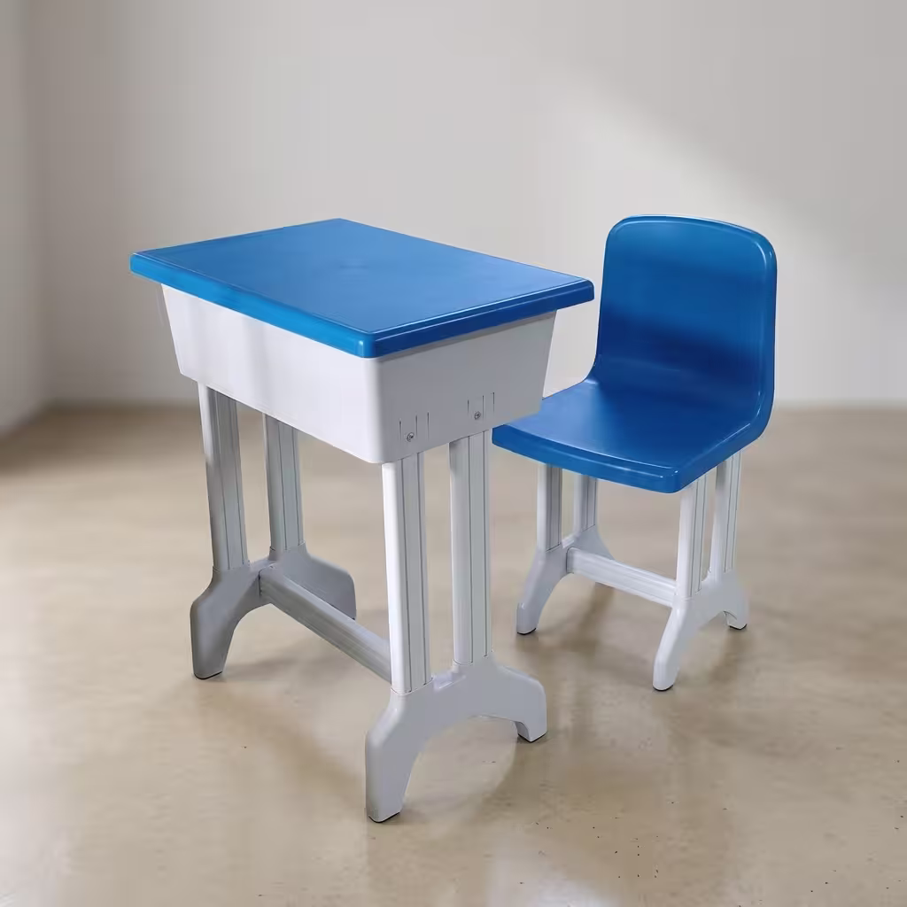 Blue Kids Study Desk Set featuring a height-adjustable white steel frame with blue accents, a wood grain tabletop with a built-in storage cubby, and a matching blue plastic chair.