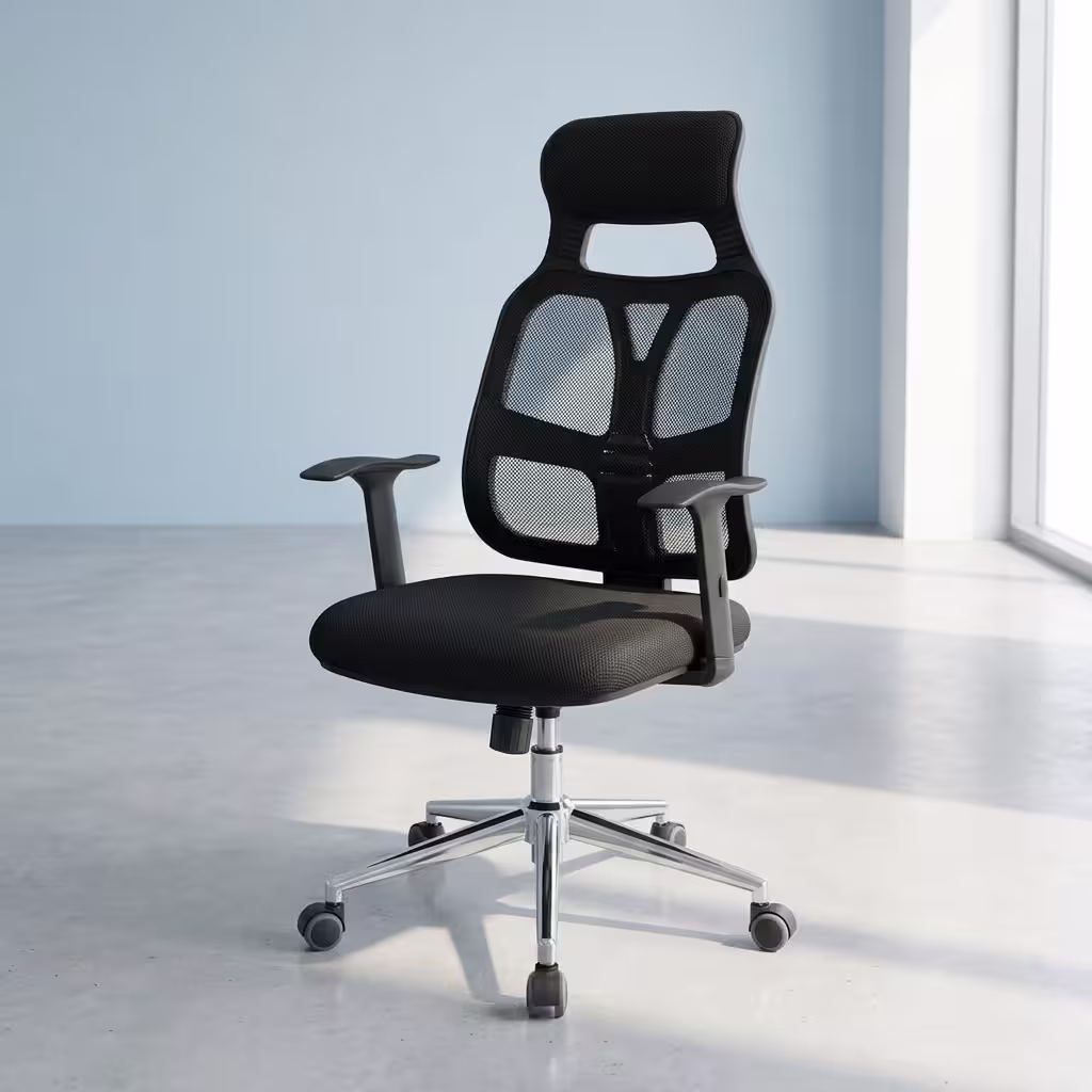 High Back Mesh Office Chair featuring a breathable black mesh backrest, an adjustable headrest, integrated lumbar support, and a black five-star rolling base.