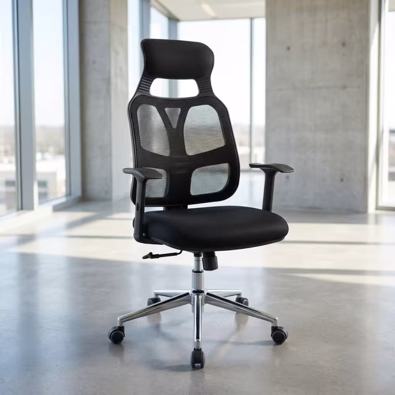 High Back Mesh Office Chair featuring a breathable black mesh backrest, an adjustable headrest, integrated lumbar support, and a black five-star rolling base.