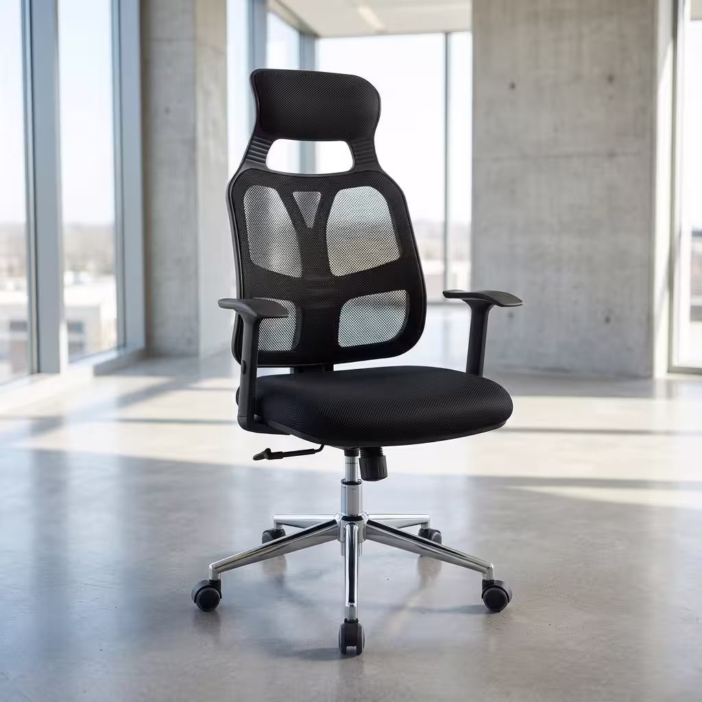 High Back Mesh Office Chair featuring a breathable black mesh backrest, an adjustable headrest, integrated lumbar support, and a black five-star rolling base.