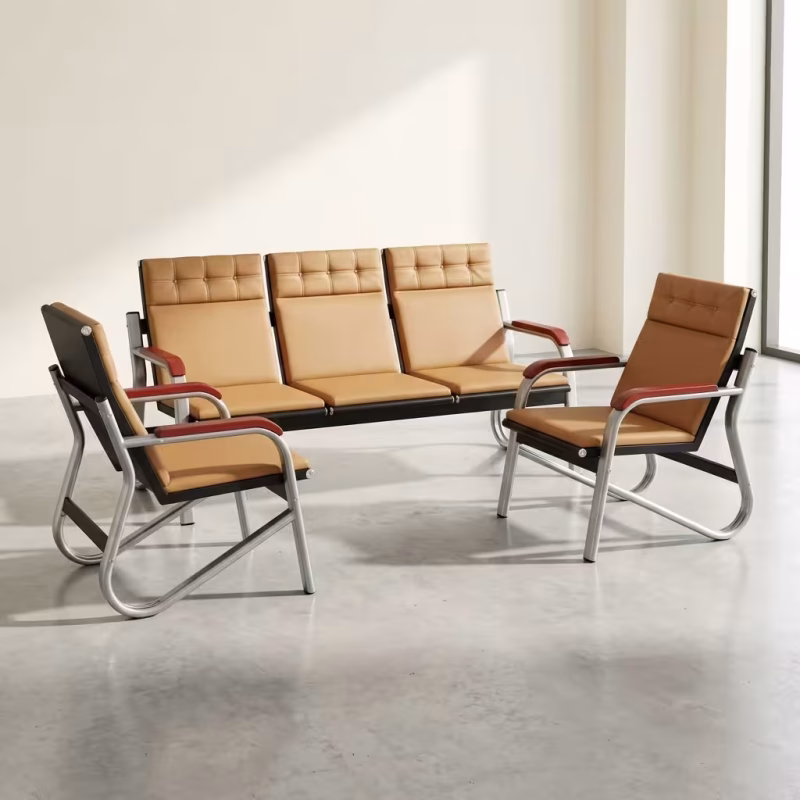 Brown Leather Office Sofa Set consisting of a rich brown leather 3-seater sofa and two matching single armchairs featuring horizontal linear stitching.