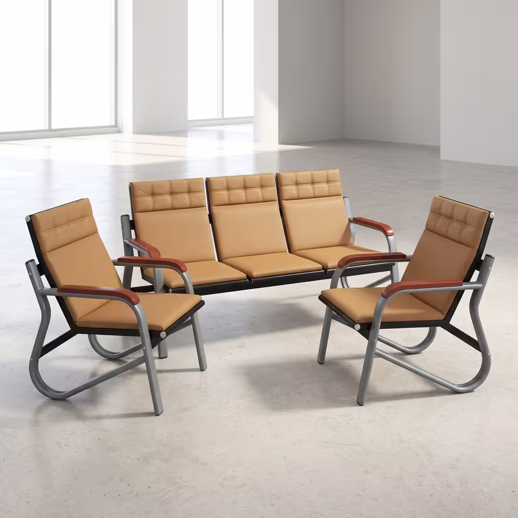 Brown Leather Office Sofa Set consisting of a rich brown leather 3-seater sofa and two matching single armchairs featuring horizontal linear stitching.
