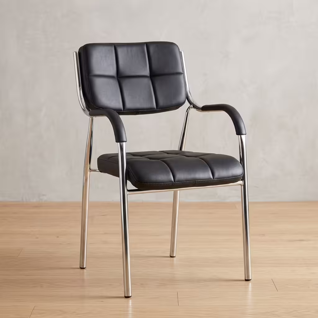 Sled Base Executive Visitor Chair featuring a deeply padded black leather seat and backrest supported by a continuous looping chrome steel sled base.