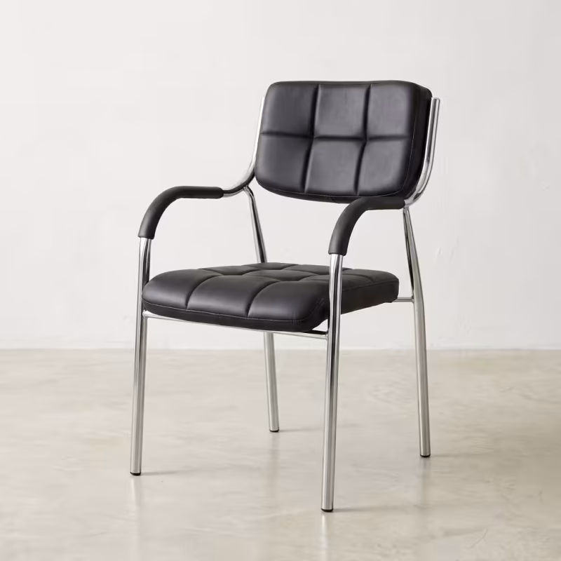 Sled Base Executive Visitor Chair featuring a deeply padded black leather seat and backrest supported by a continuous looping chrome steel sled base.