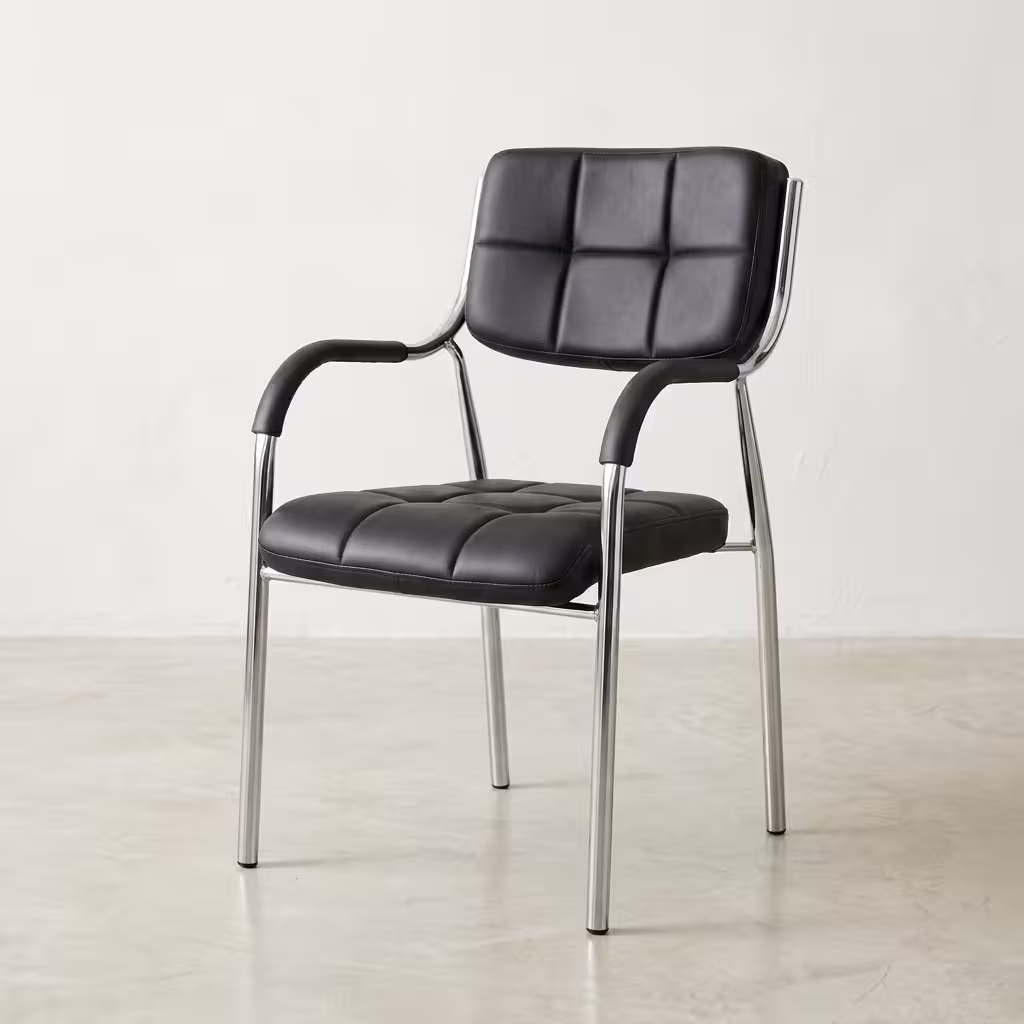 Sled Base Executive Visitor Chair featuring a deeply padded black leather seat and backrest supported by a continuous looping chrome steel sled base.