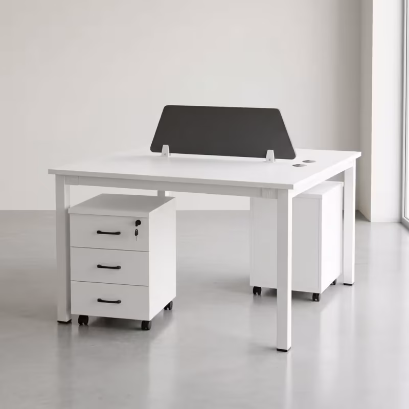 Modern modular Office Desk Workstation configuration with a white powder-coated steel frame, natural wood-grain desktop surfaces, and a central grey fabric privacy divider.