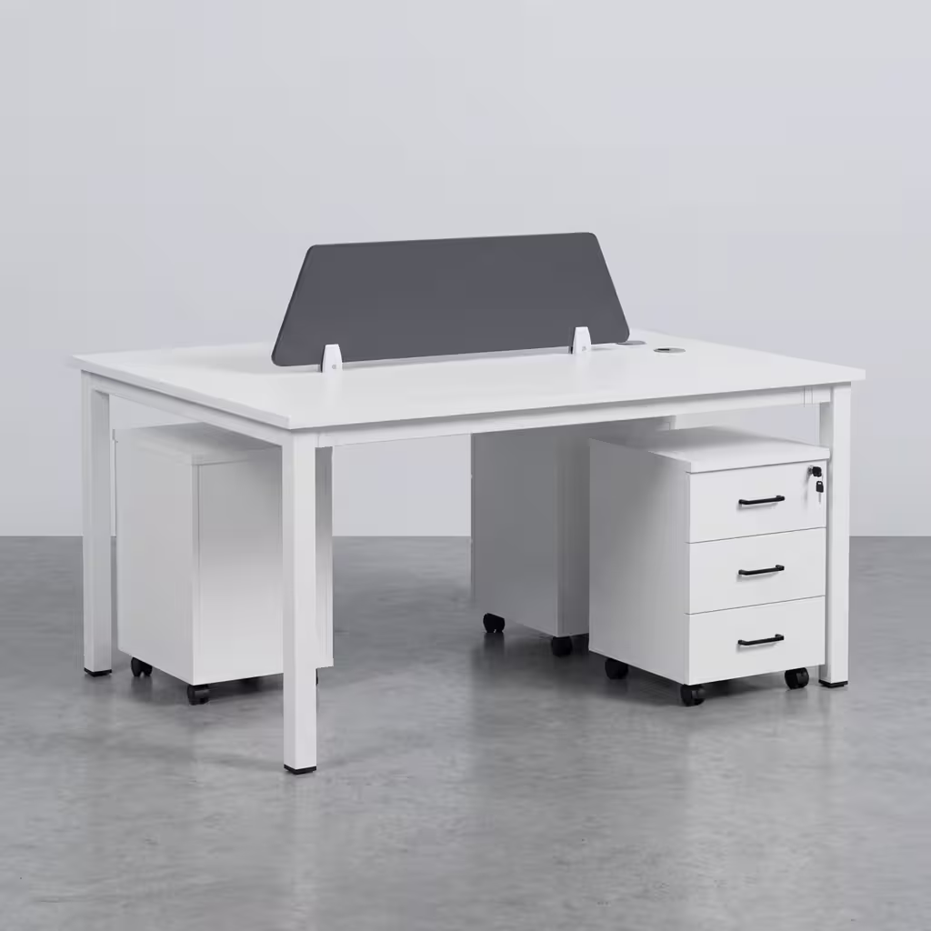 Modern modular Office Desk Workstation configuration with a white powder-coated steel frame, natural wood-grain desktop surfaces, and a central grey fabric privacy divider.