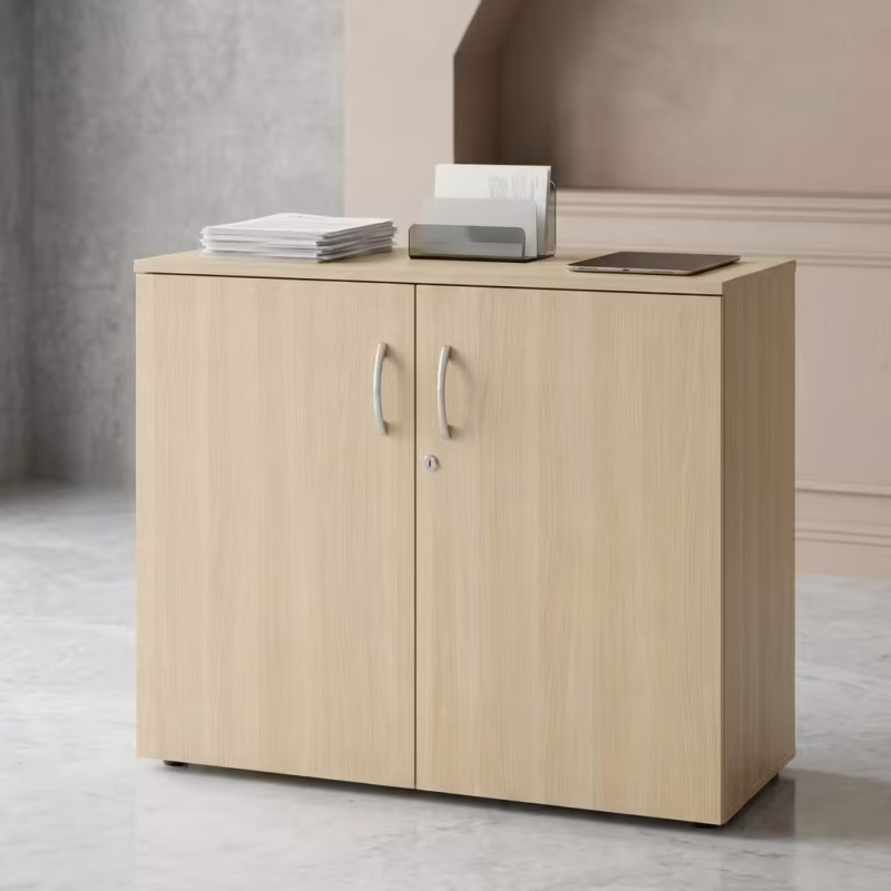Lockable Office Credenza featuring a modern walnut-finished wooden frame, four solid soft-close doors with sleek aluminum handles, and a centralized security key lock.