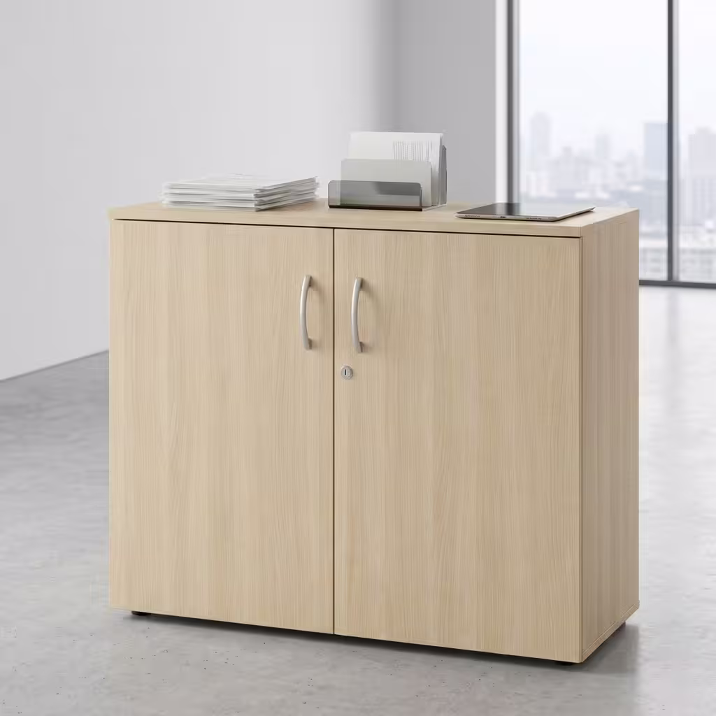 Lockable Office Credenza featuring a modern walnut-finished wooden frame, four solid soft-close doors with sleek aluminum handles, and a centralized security key lock.