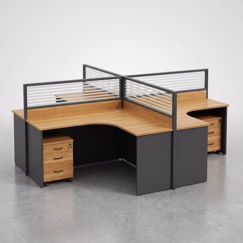 4 Way Curved Office Workstation pod configuration featuring four interconnected white curved desks, a light grey central acoustic privacy screen, and a silver powder-coated steel frame