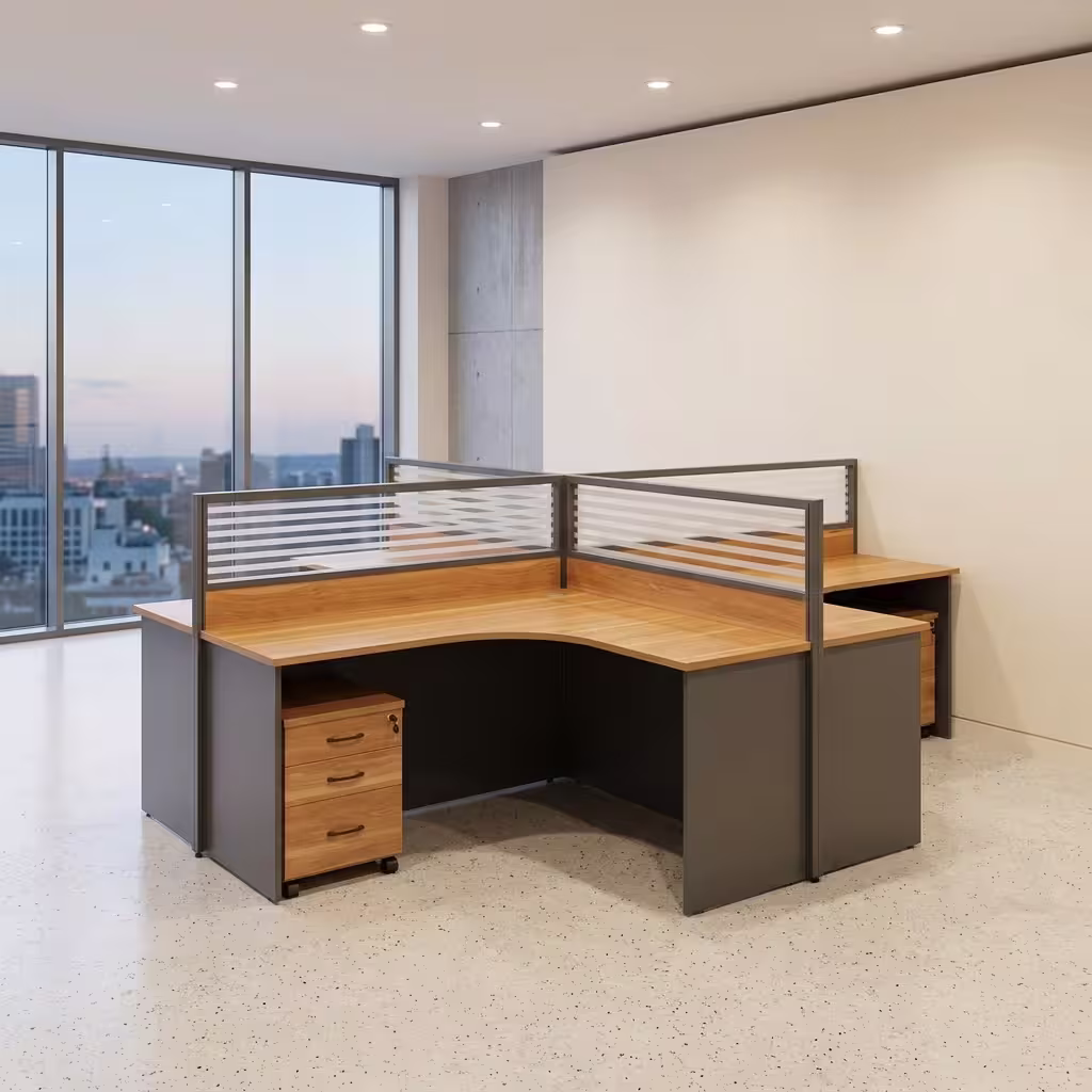 4 Way Curved Office Workstation pod configuration featuring four interconnected white curved desks, a light grey central acoustic privacy screen, and a silver powder-coated steel frame