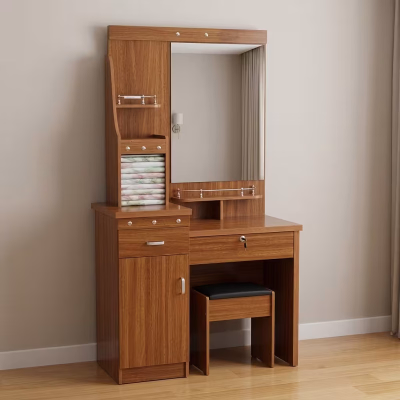 Modern Bedroom Vanity Table Set featuring a white minimalist desk with gold geometric steel legs, a round illuminated LED mirror, and a matching white and gold vanity stool.