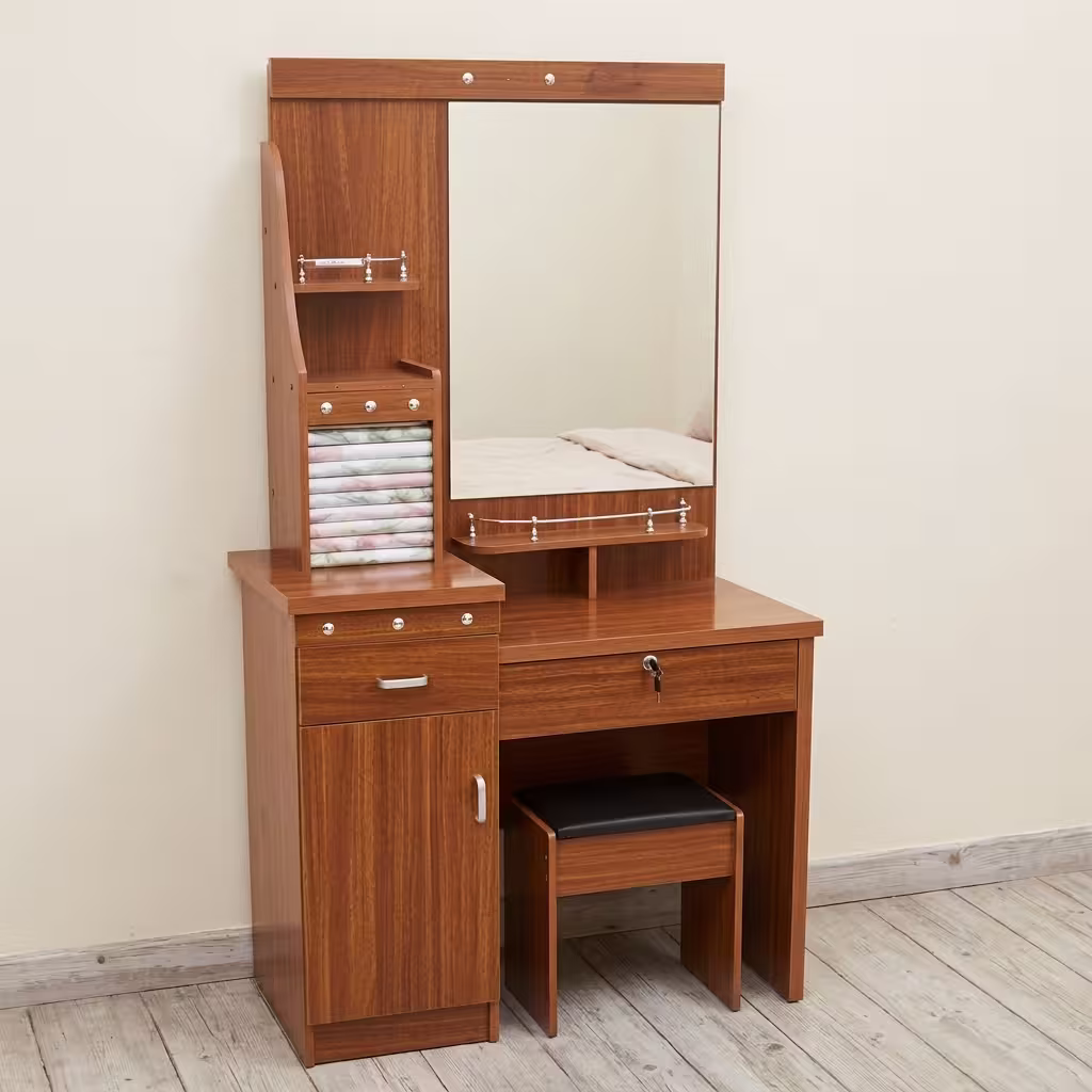 Modern Bedroom Vanity Table Set featuring a white minimalist desk with gold geometric steel legs, a round illuminated LED mirror, and a matching white and gold vanity stool.