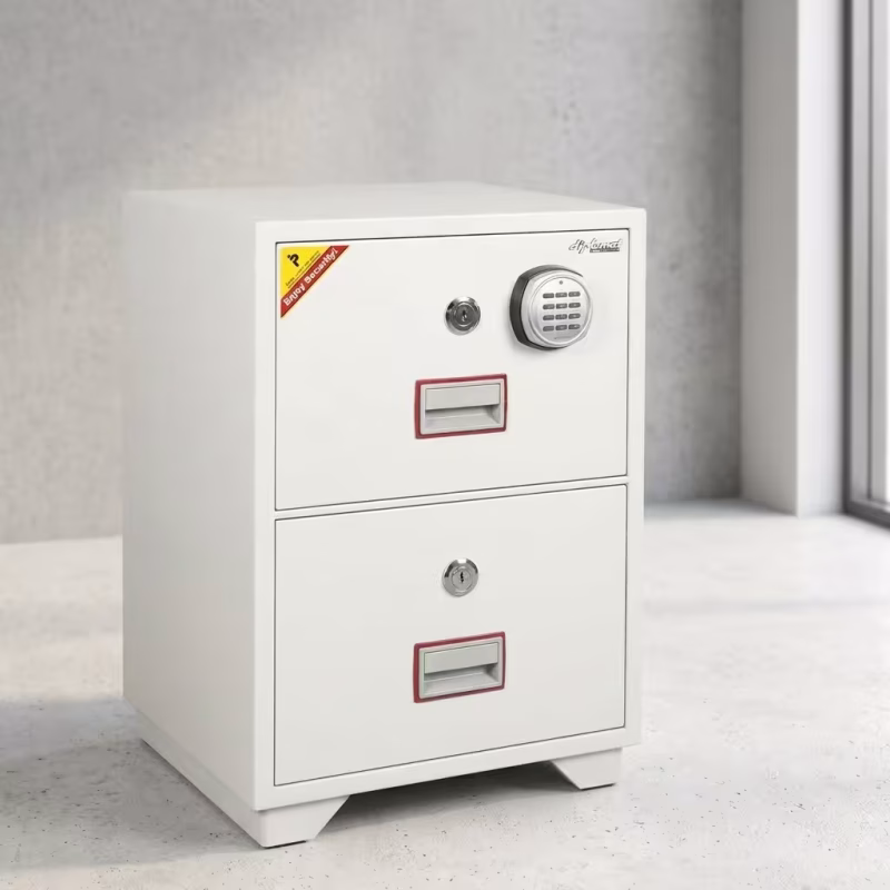 2 Drawer Fire Resistant Safe featuring a light gray powder-coated steel frame, two insulated vertical file drawers, a central key lock, and flush pull handles.