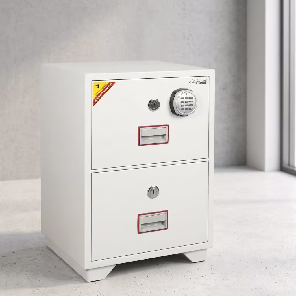 2 Drawer Fire Resistant Safe featuring a light gray powder-coated steel frame, two insulated vertical file drawers, a central key lock, and flush pull handles.