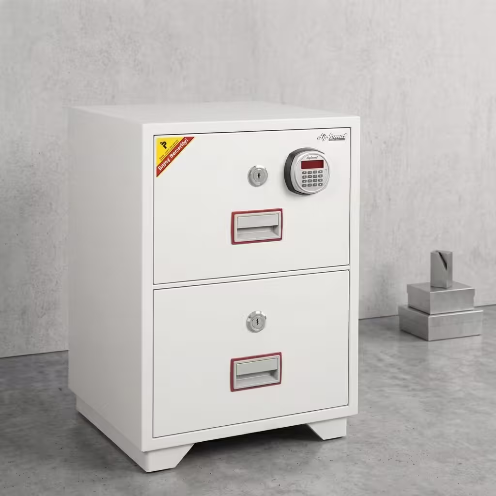 2 Drawer Fire Resistant Safe featuring a light gray powder-coated steel frame, two insulated vertical file drawers, a central key lock, and flush pull handles.