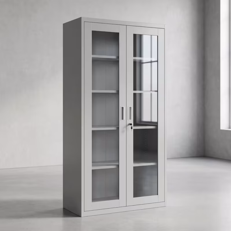 2 Door Glass Office Cabinet featuring a white powder-coated steel frame, two full-length glass doors, chrome vertical handles with a key lock, and multi-tier shelving holding binders and books.