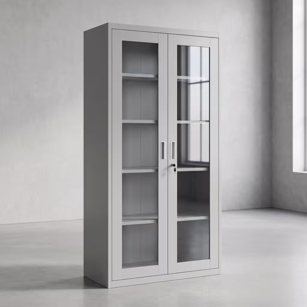 2 Door Glass Office Cabinet featuring a white powder-coated steel frame, two full-length glass doors, chrome vertical handles with a key lock, and multi-tier shelving holding binders and books.