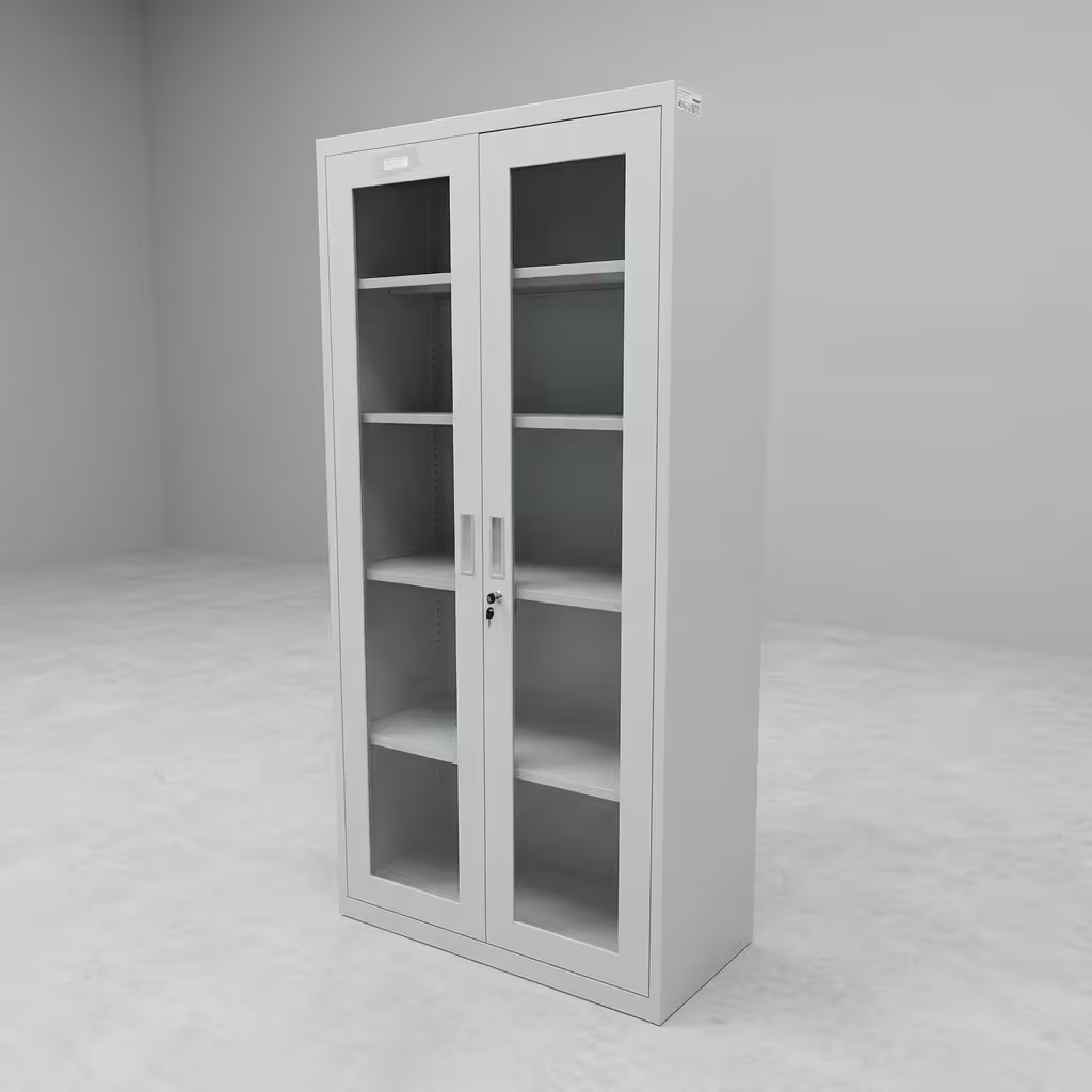 2 Door Glass Office Cabinet featuring a white powder-coated steel frame, two full-length glass doors, chrome vertical handles with a key lock, and multi-tier shelving holding binders and books.