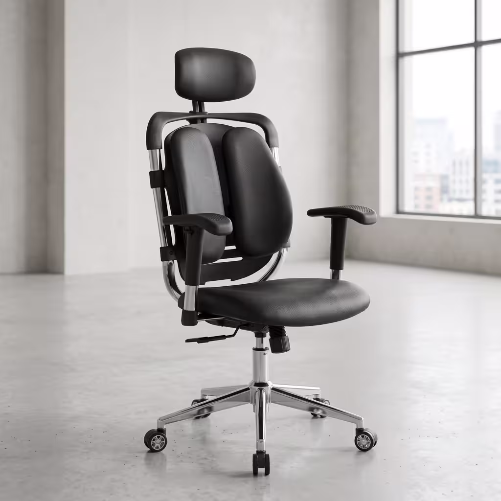 High Back Ergonomic Desk Chair featuring a tall black mesh backrest with an adjustable headrest, padded multi-directional armrests, and a 5-star wheeled base