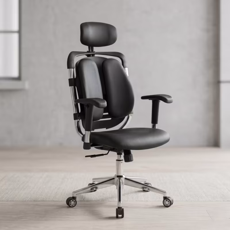 High Back Ergonomic Desk Chair featuring a tall black mesh backrest with an adjustable headrest, padded multi-directional armrests, and a 5-star wheeled base