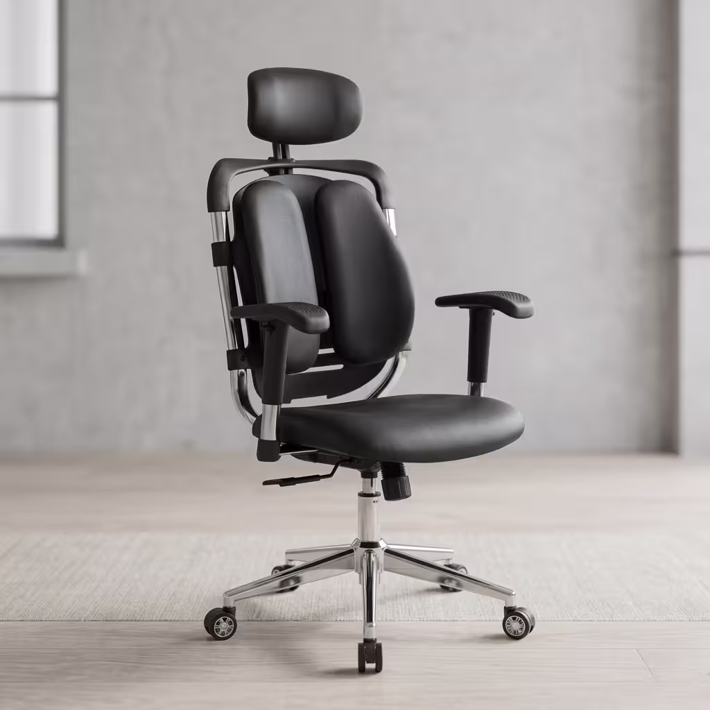 High Back Ergonomic Desk Chair featuring a tall black mesh backrest with an adjustable headrest, padded multi-directional armrests, and a 5-star wheeled base