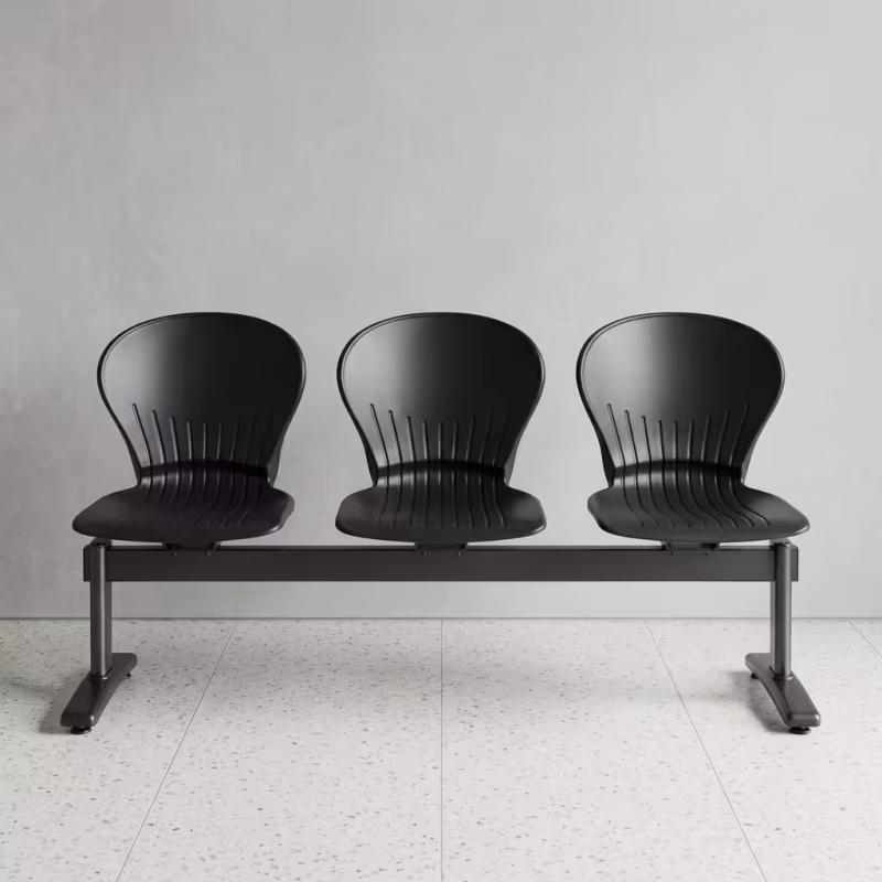3 Link Office Waiting Bench featuring three metallic silver perforated steel seats, a black center support beam, and polished chrome armrests and legs.