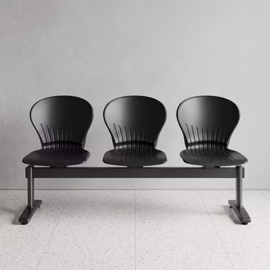 3 Link Office Waiting Bench featuring three metallic silver perforated steel seats, a black center support beam, and polished chrome armrests and legs.