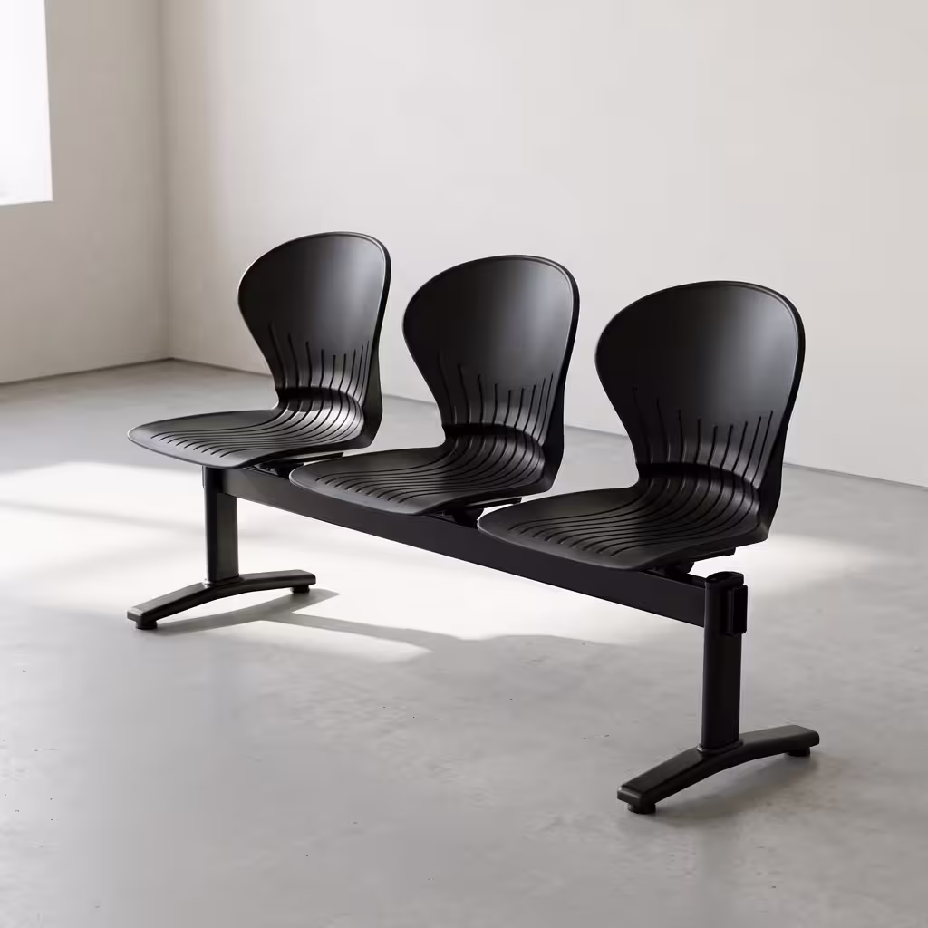 3 Link Office Waiting Bench featuring three metallic silver perforated steel seats, a black center support beam, and polished chrome armrests and legs.