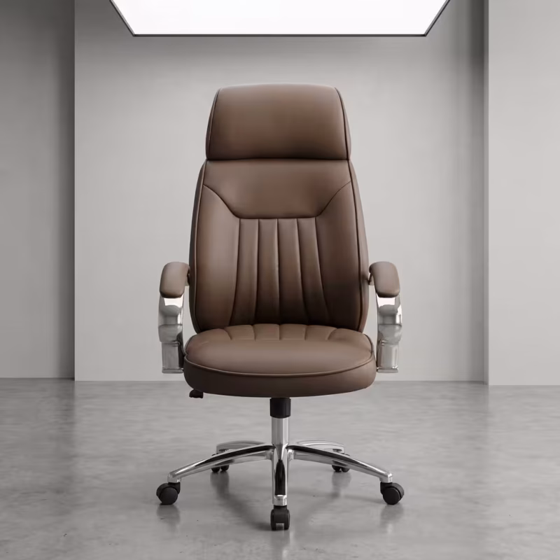Ergonomic Leather Boss Desk Chair featuring a high-back segmented black leather seat and backrest, padded loop armrests, and a 5-star polished chrome wheeled base.