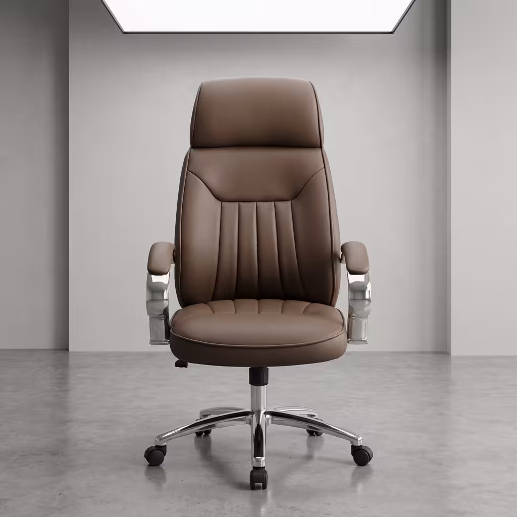 Ergonomic Leather Boss Desk Chair featuring a high-back segmented black leather seat and backrest, padded loop armrests, and a 5-star polished chrome wheeled base.