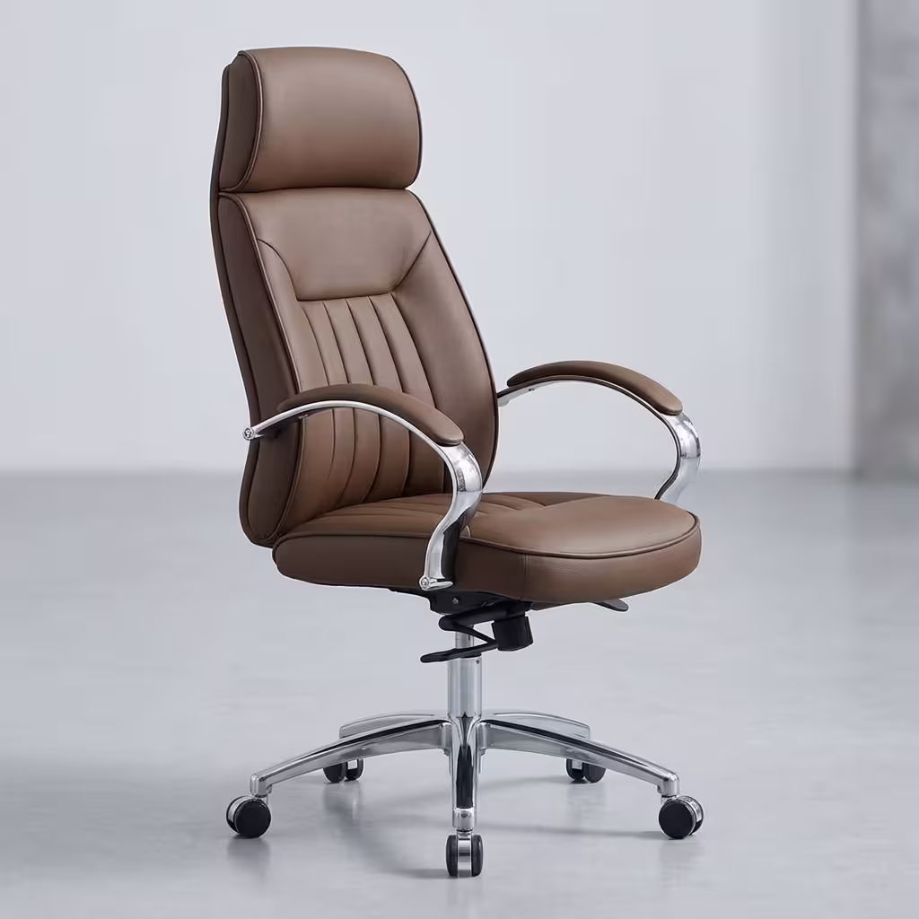 Ergonomic Leather Boss Desk Chair featuring a high-back segmented black leather seat and backrest, padded loop armrests, and a 5-star polished chrome wheeled base.