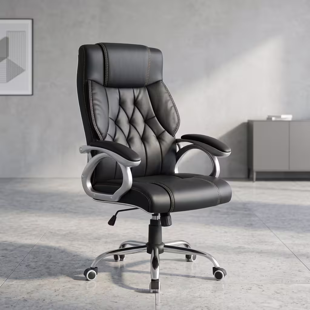 High Back Padded Boss Chair featuring a high-back segmented black leather seat and backrest, padded loop armrests, and a 5-star polished chrome wheeled base