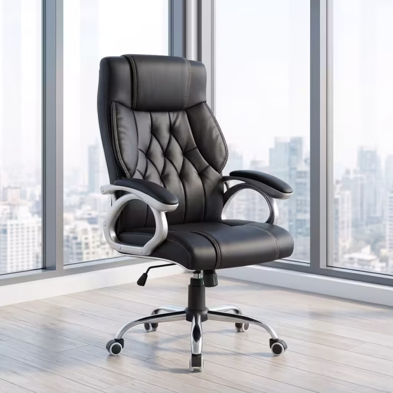 High Back Padded Boss Chair featuring a high-back segmented black leather seat and backrest, padded loop armrests, and a 5-star polished chrome wheeled base