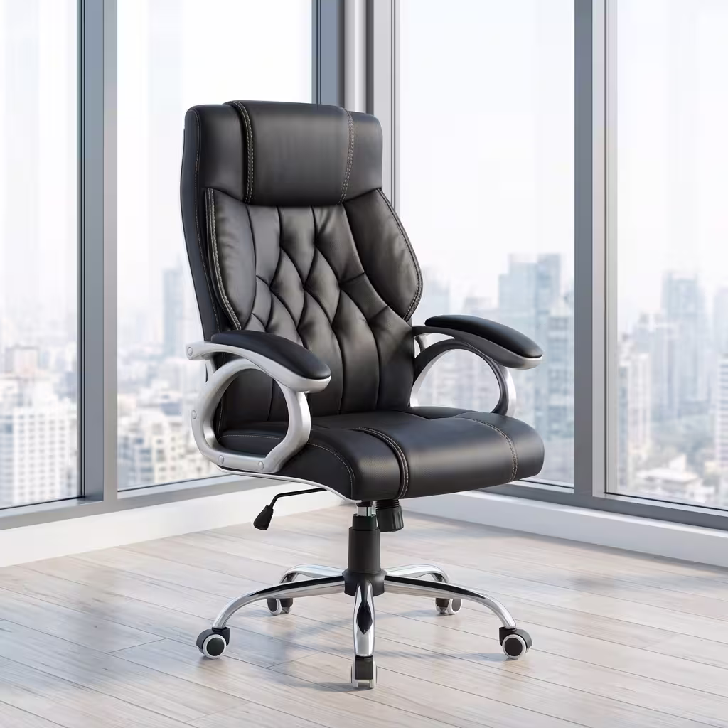 High Back Padded Boss Chair featuring a high-back segmented black leather seat and backrest, padded loop armrests, and a 5-star polished chrome wheeled base