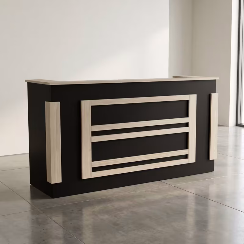 2M Modern Black Reception Desk featuring a spacious 2-meter length, a bold matte black layered slatted base with thin horizontal silver accent lines, and a high privacy panel.