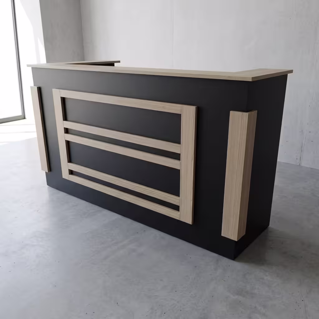 2M Modern Black Reception Desk featuring a spacious 2-meter length, a bold matte black layered slatted base with thin horizontal silver accent lines, and a high privacy panel.