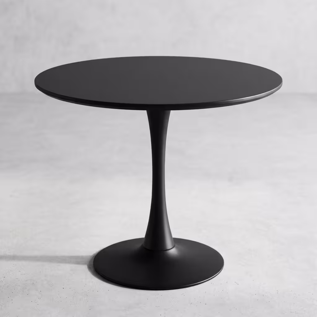 Pedestal Round Bistro Table featuring a sleek circular wooden tabletop supported by a central matte black steel column and a heavy-duty weighted round base.
