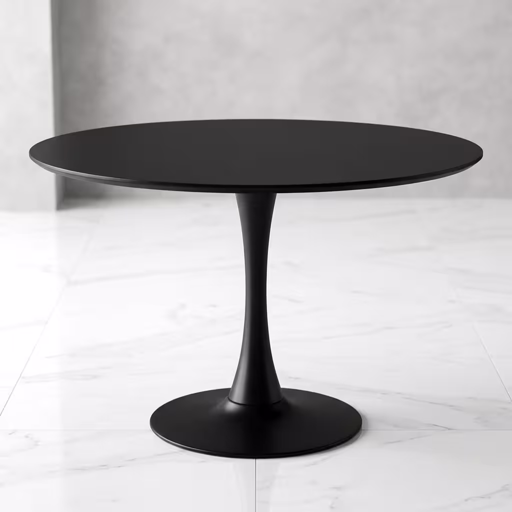 Pedestal Round Bistro Table featuring a sleek circular wooden tabletop supported by a central matte black steel column and a heavy-duty weighted round base.