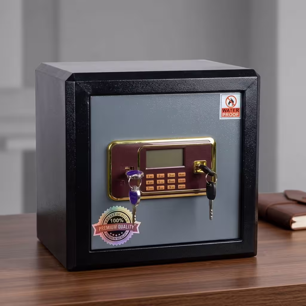 45KG Fireproof Digital Home Safe featuring a heavy-duty matte black solid steel frame, an illuminated digital electronic keypad with a handle, and thick interior locking bolts