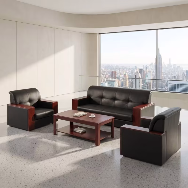 5 Seater Executive Sofa Set consisting of a black button-tufted leather 3-seater sofa and two matching single armchairs with polished chrome legs.