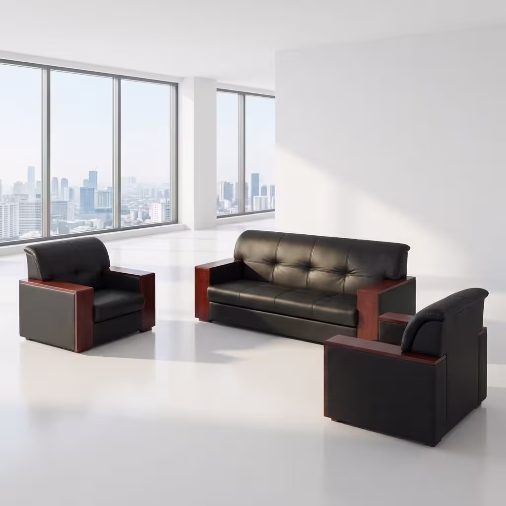 5 Seater Executive Sofa Set consisting of a black button-tufted leather 3-seater sofa and two matching single armchairs with polished chrome legs.